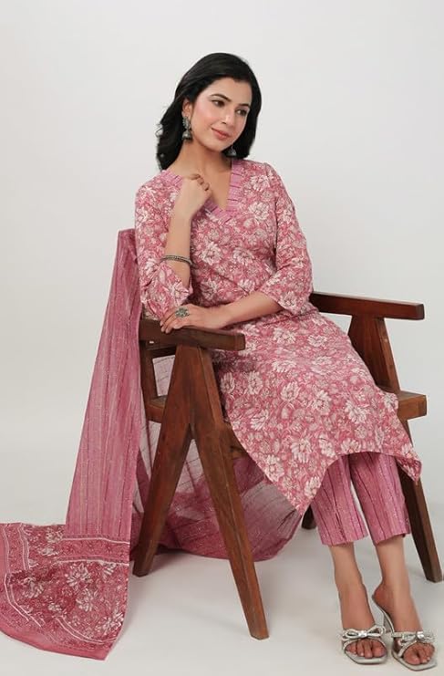 Women's Cotton Floral Printed Straight Kurta Set - Image 3