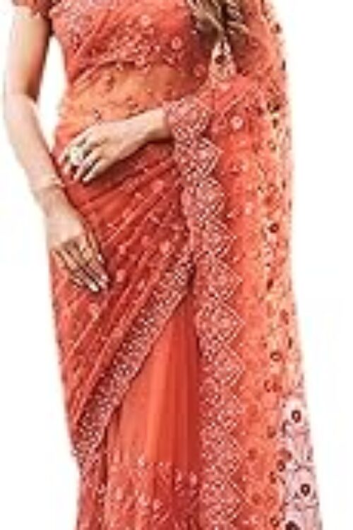 Women’s Women Net Saree ll Women Embroidered saree ll Women Orange saree ll Un-stitched blouse saree