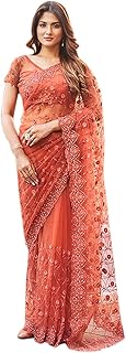 Women’s Women Net Saree ll Women Embroidered saree ll Women Orange saree ll Un-stitched blouse saree