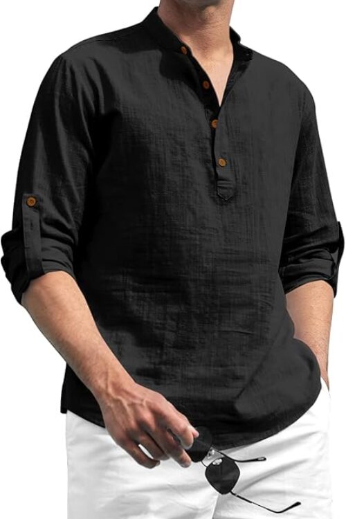 Cotton Blend Solid Casual Regular Fit Mandarin/Chinese Collor Short Kurta for Men