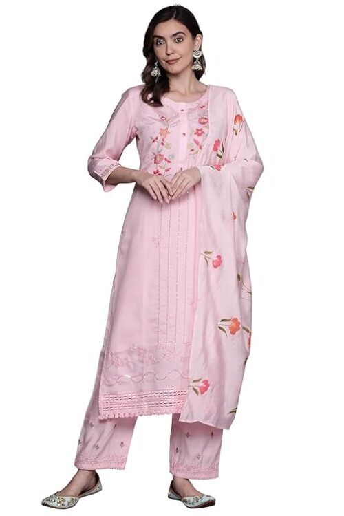 Straight Embroidered Silk Blend Kurta Trouser With Dupatta Set For Women