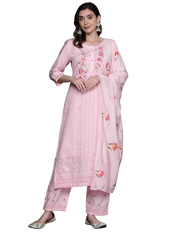 Straight Embroidered Silk Blend Kurta Trouser With Dupatta Set For Women