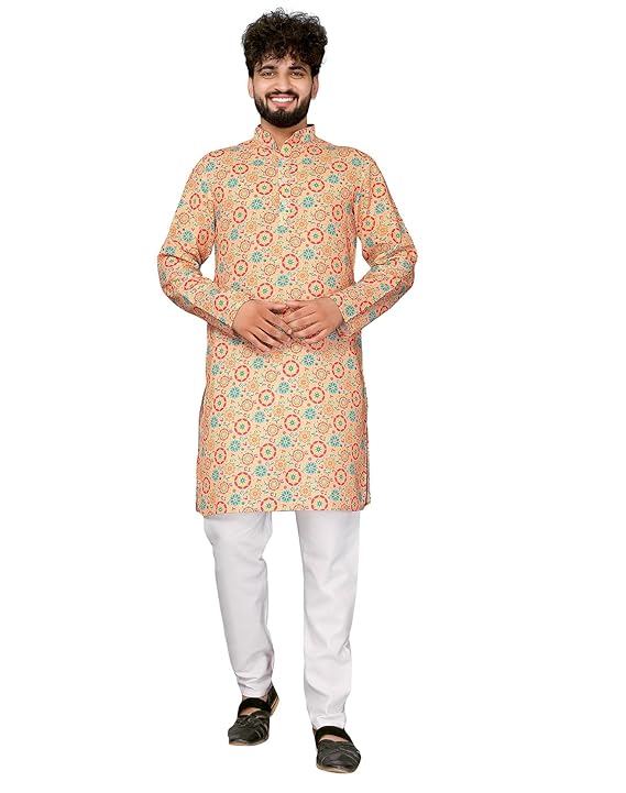 Floral Regular Men’s Cotton Blend Printed Kurta with Full Sleeves Ankle Length