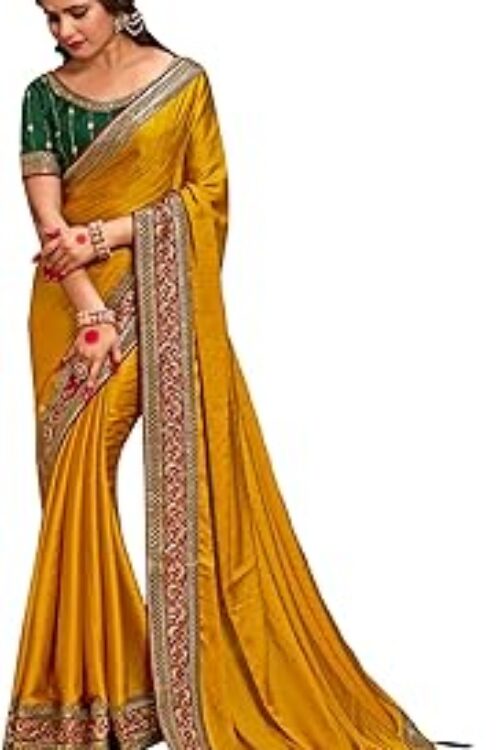 Women’s Pink Satin Silk Embroidered Saree with Unstitched Blouse Piece