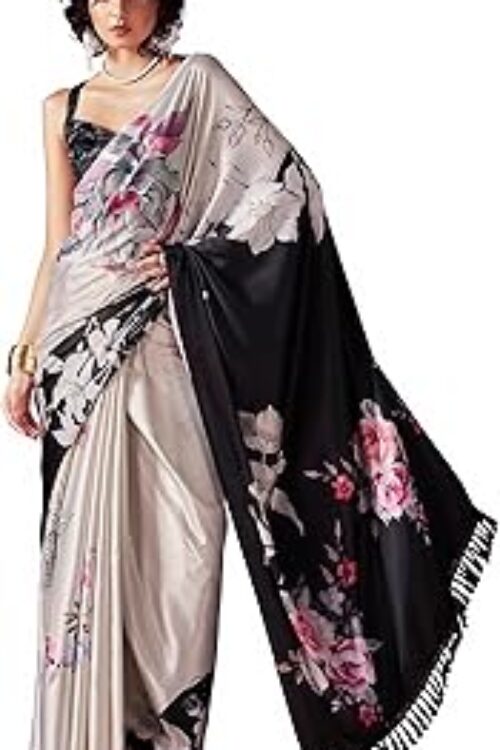 Women’s Satin Two Way Floral Black Saree With Un-stitched blouse