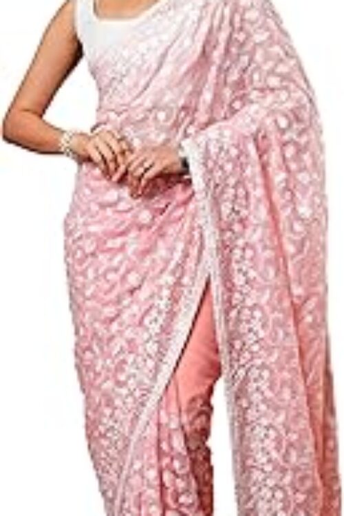 Women’s Botanical Embroidered Designer Organza Saree With Unstitched Blouse Piece