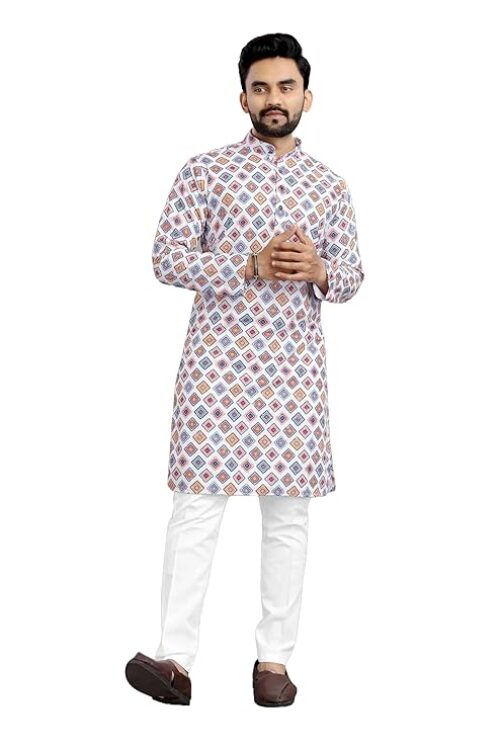 Men’s Cotton Blend Regular Fit Casual Regular Printed Long Kurta