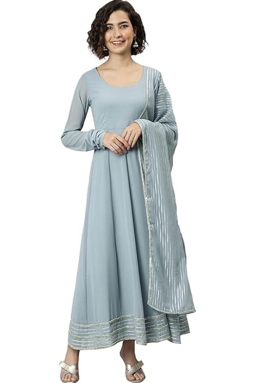 Grey Poly Georgette Solid Kurta with Dupatta