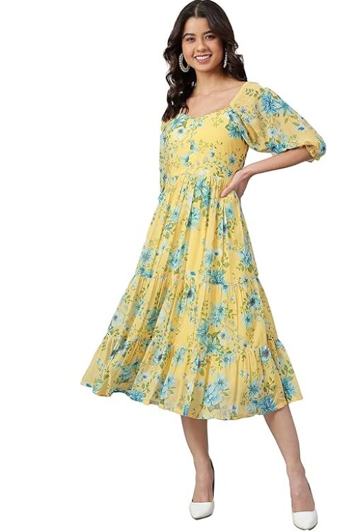 Fit and Flare Knee Length Georgette Floral Printed Flared Western Dress