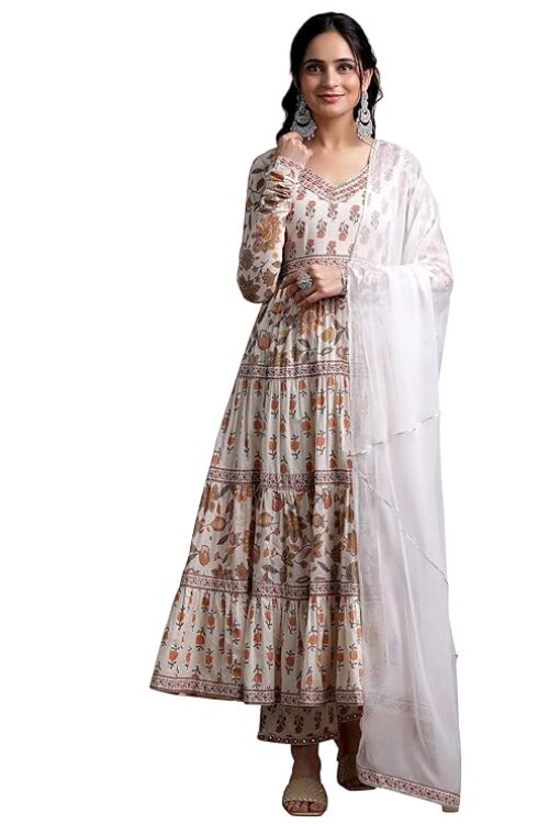 White Printed Cotton A-Line Kurta With Palazzos & Dupatta